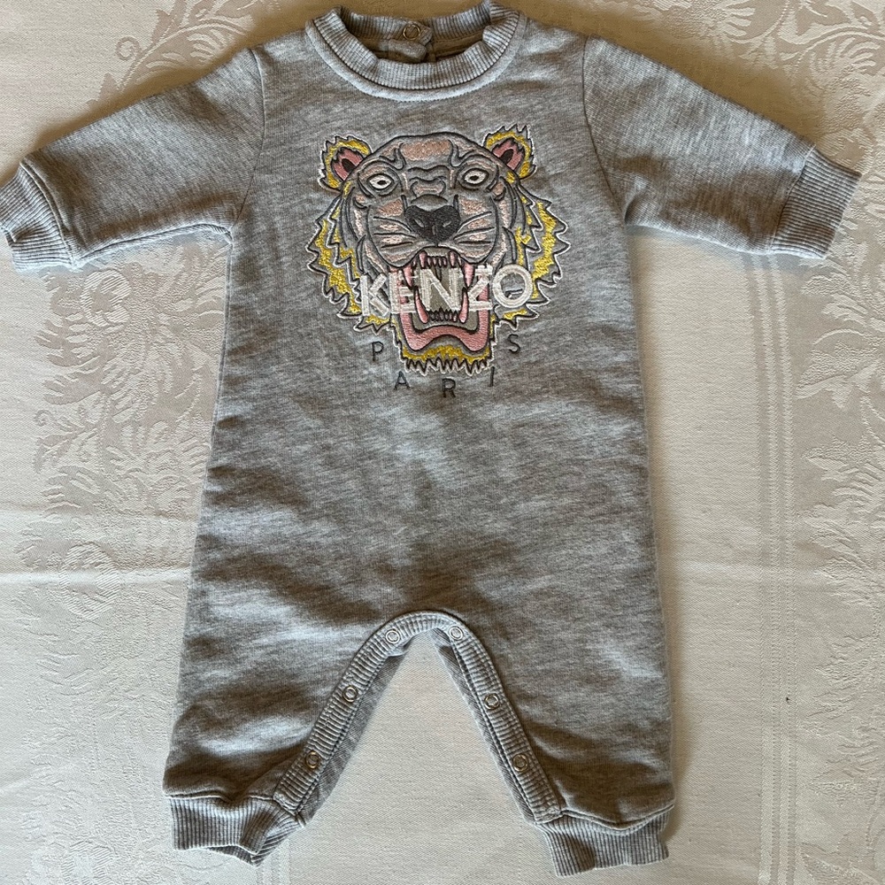 Kenzo Grey Baby Tiger Embroidered One-Piece Footie